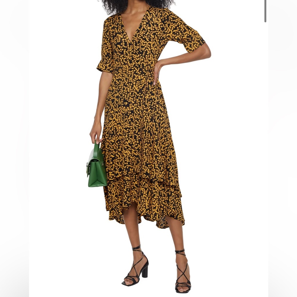 Ganni Dexter Goldstone Black and Gold Floral Midi Wrap Dress with Flared Skirt - Picture 6 of 9